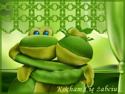 Dwie żabki w objęciach z napisem kocham Cię żabciu